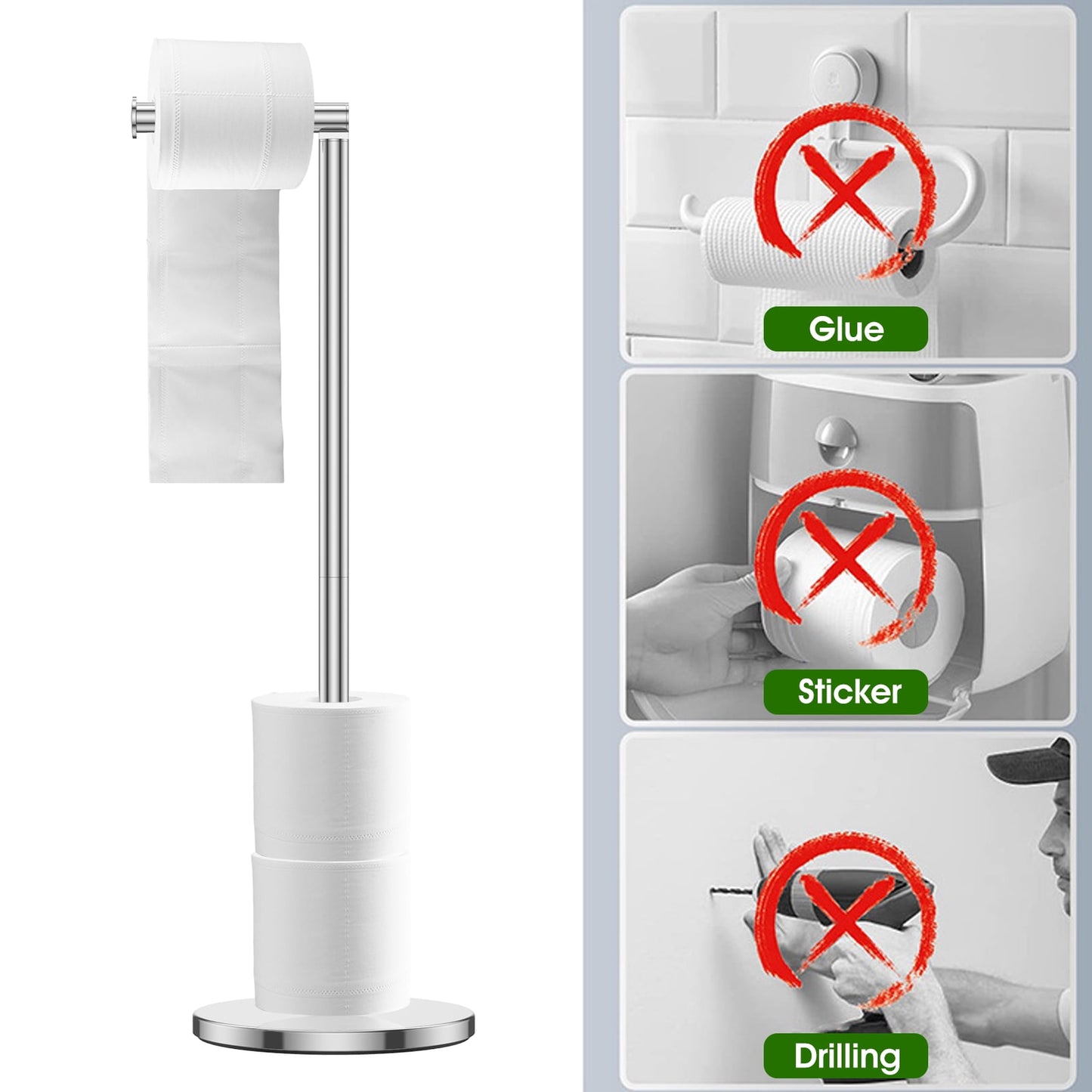 Toilet Paper Holder Freestanding Stainless Steel Foldable,Dispenser for Store Spare Toilet Paper for Bathroom, Washroom,Silver