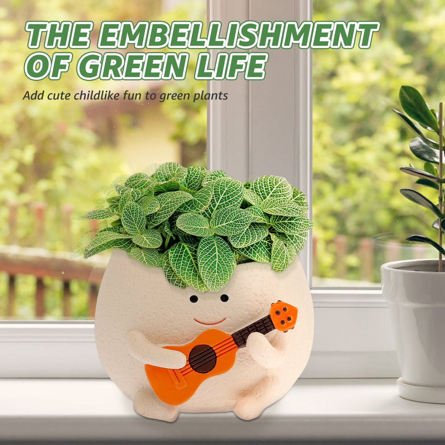 Tysrjsv Smiling Face Planter Pot with Drainage Holes Cute Resin Flowers Pot Ukulele Plant Pot Funny Face Succulent Pots Gifts for Home Office Decor 12.7*11.5*8.4cm