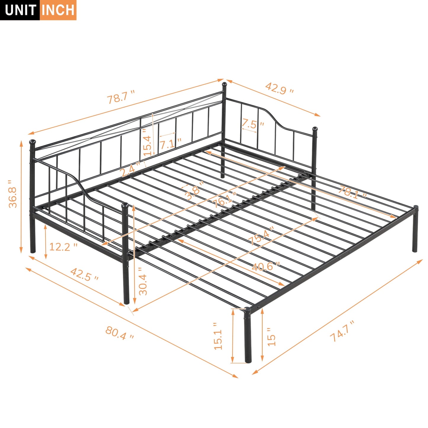 Twin Daybed with Pop-up Trundle, Extendable Metal Daybed Frame with Headboard and Safety Guardrails,Upholstered Sofa Bed Frame for Kids Teens Adults, Living Room,Easy Assembly, Black