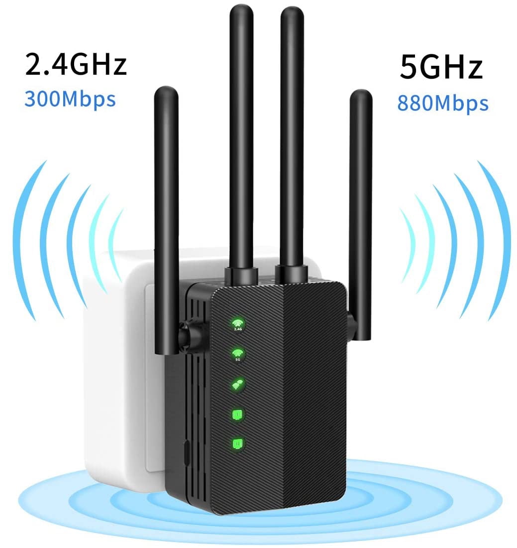 WiFi Range Extender, 1200Mbps Signal Booster Repeater Cover up to 2500 Sq.ft, 2.4 & 5GHz Dual Band WiFi Extender, 4 Antennas 360° Full Coverage Wireless Internet Amplifier for Smart Home Devices