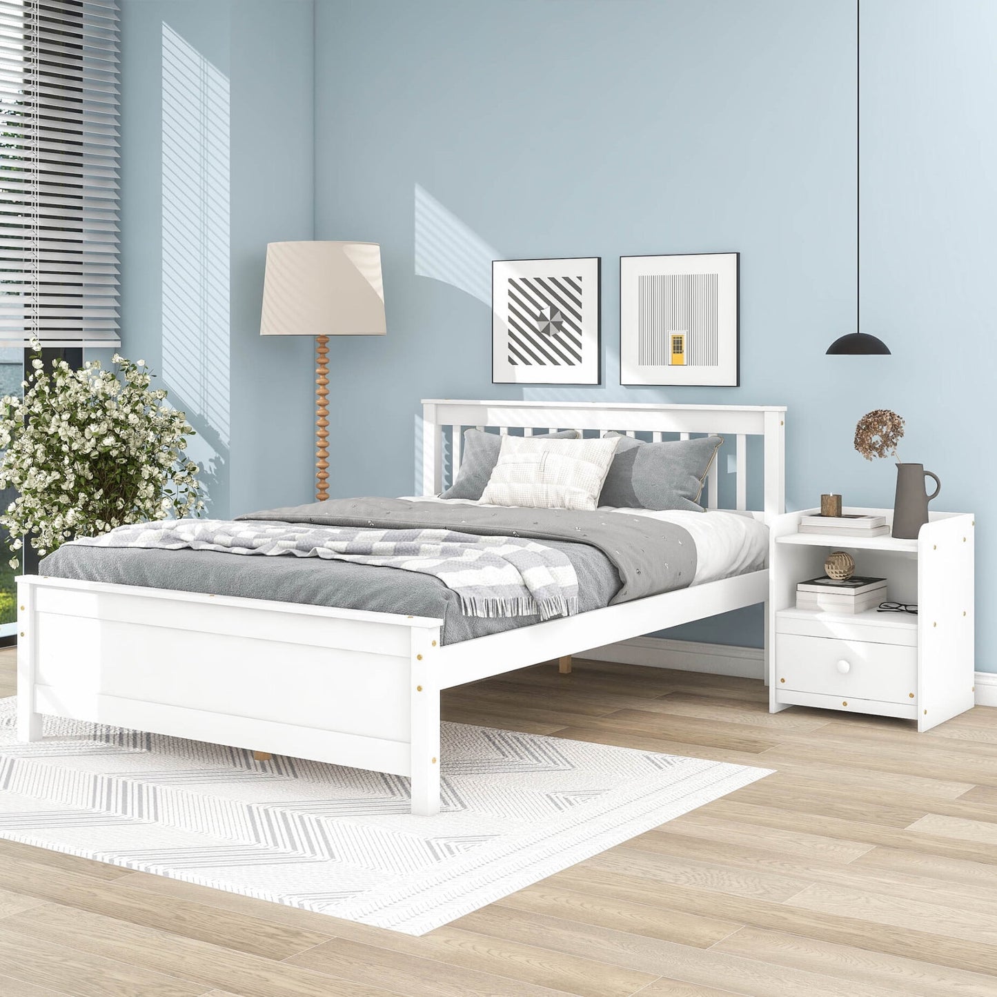 Full Size Platform Bed with a Nightstand, Modern Solid Wood Bed Frame with Headboard and Footboard, 2-Piece Bedroom Set for Child Teens Adults, No Spring Box Needed, White