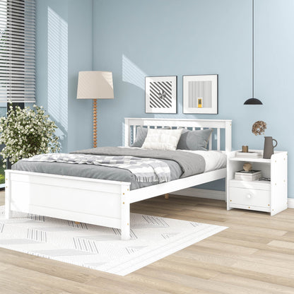 Full Size Platform Bed with a Nightstand, Modern Solid Wood Bed Frame with Headboard and Footboard, 2-Piece Bedroom Set for Child Teens Adults, No Spring Box Needed, White