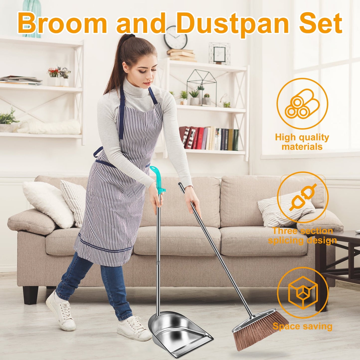 Broom and Dustpan Set with Long Handle Heavy Duty Stainless Steel Dustpan with Broom Space Saving Broom Dustpan Combo Sweeper and Dustpan Set with Broom Clip for Indoor Outdoor Kitchen Lobby