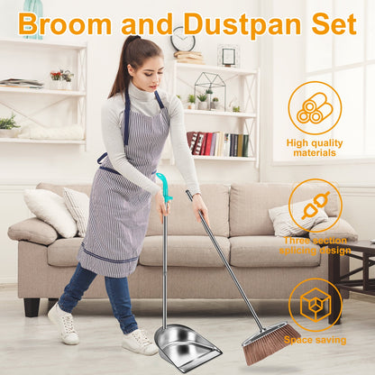 Broom and Dustpan Set with Long Handle Heavy Duty Stainless Steel Dustpan with Broom Space Saving Broom Dustpan Combo Sweeper and Dustpan Set with Broom Clip for Indoor Outdoor Kitchen Lobby