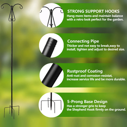 2 Pack Shepherds Hooks for Outdoor, Thickened 92" Bird Feeder Pole with 5 Prongs Base, Adjustable Shepherds Hook for Bird Feeder, Hanging Plant, Hummingbird Feeder, Wedding Decor