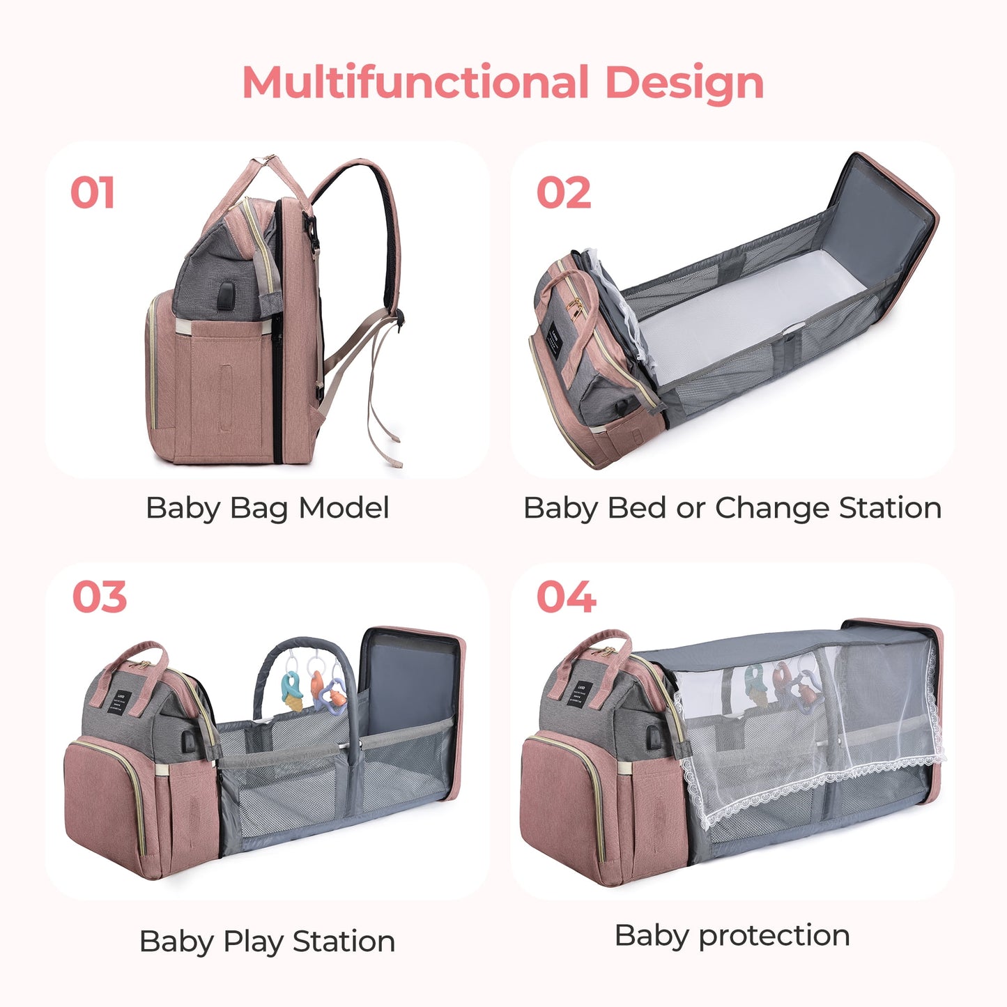 ZIMFANQI Baby Diaper Bag Backpack, Large Capacity Bags with Foldable Changing Station, Diaper Bag Organizing Pouches, Multifunctional Waterproof Travel Back Pack for Moms and Dads, USB Charging Port