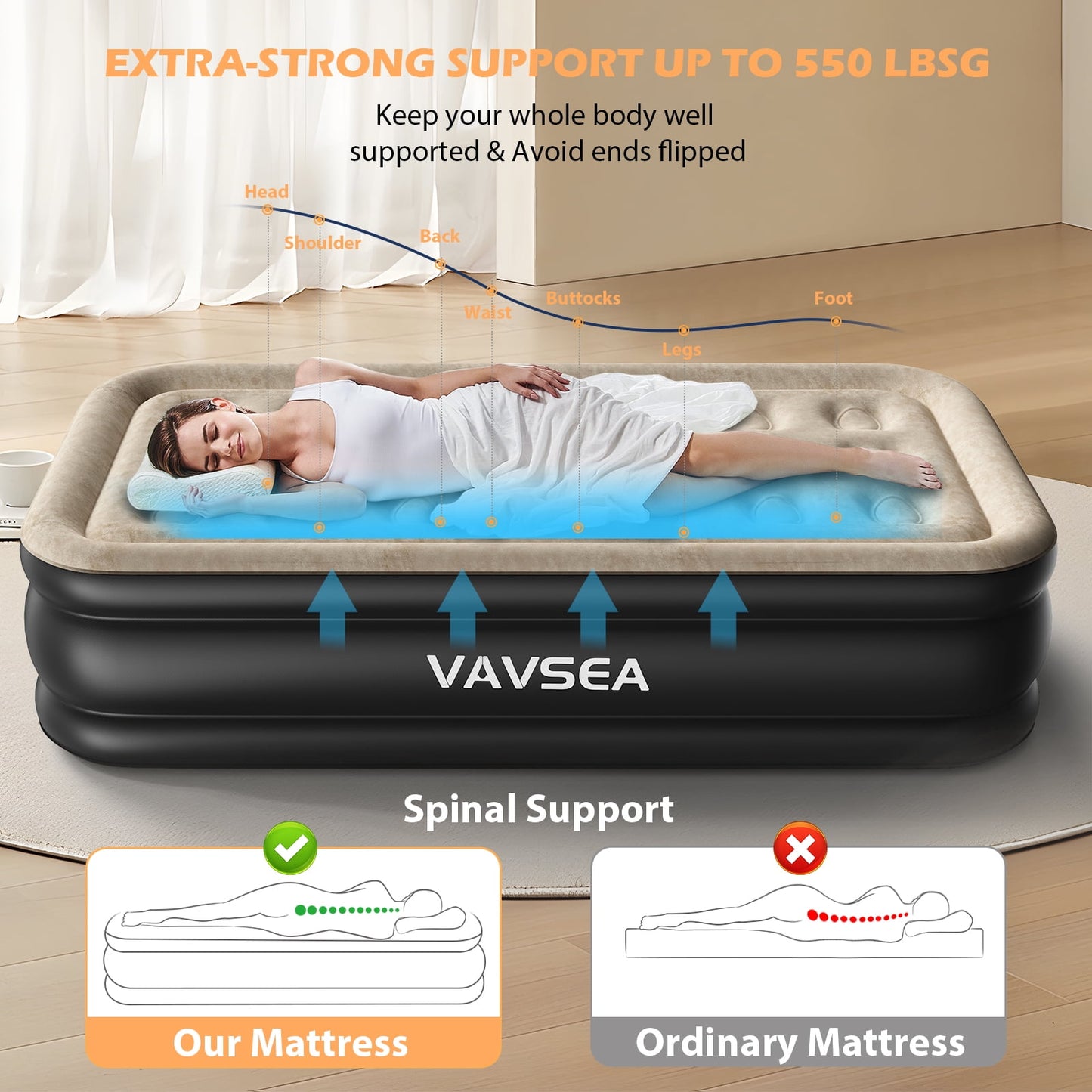 VAVSEA Twin Cordless Air Mattress, 18" Blow up Mattress with Built in Pump, Inflatable Mattress for Home, Camping, Travel, Guests, 550lb Max