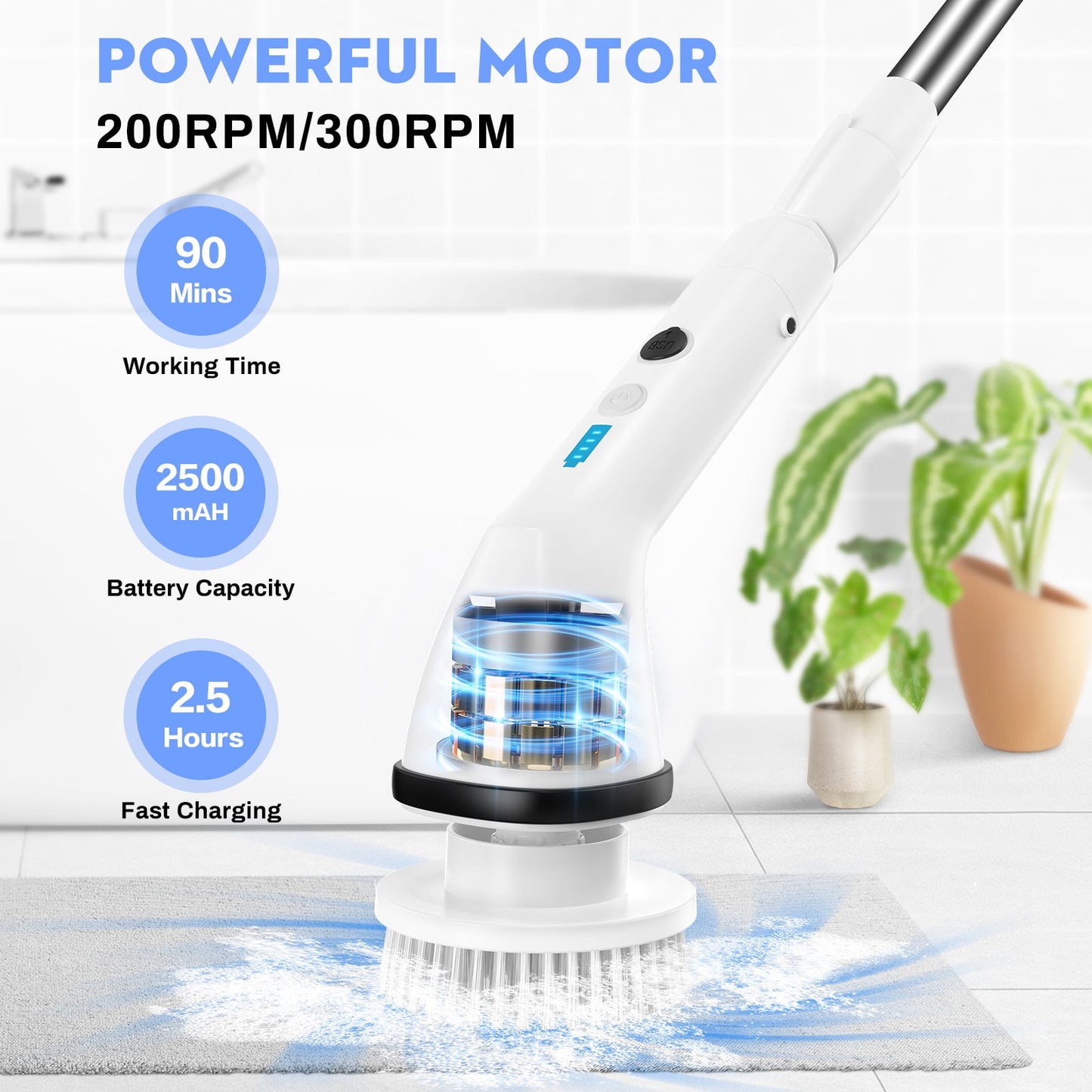 VAVSEA Electric Spin Scrubber,Cleaning Brush for Bathroom,1.5H 300RPM Shower Scrubber Kit for Floor Tile Bathtub,51 inchBathtub,51 inch