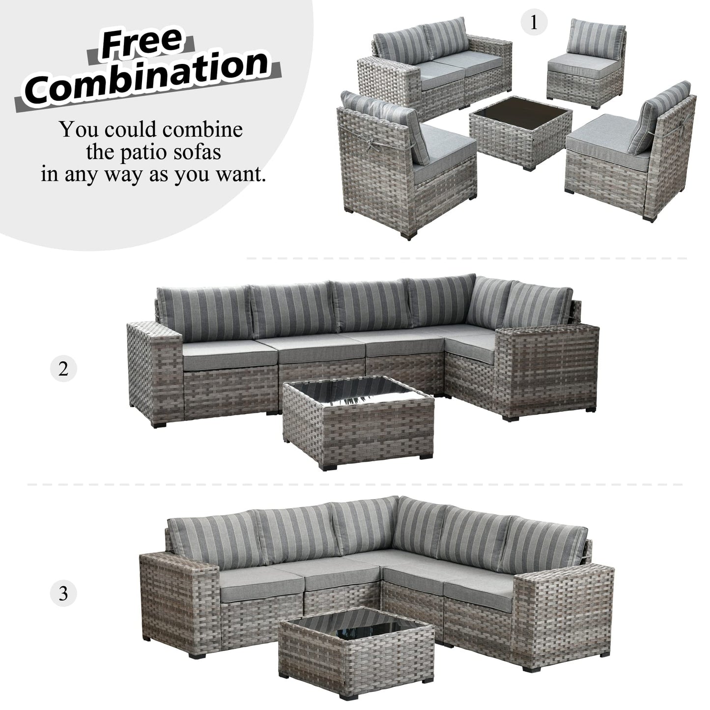 Vcatnet 9 Pieces Patio Furniture Outdoor Wicker Conversation Set with Swivel Rocking Chairs and Coffee Table,Gray Stripes