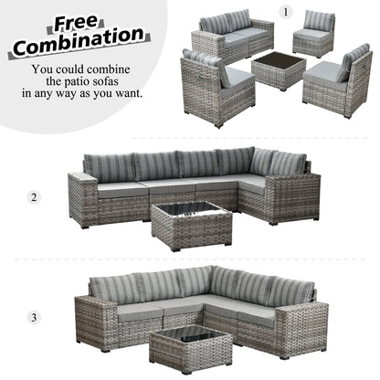 Vcatnet 9 Pieces Patio Furniture Outdoor Wicker Conversation Set with Swivel Rocking Chairs and Coffee Table,Gray Stripes