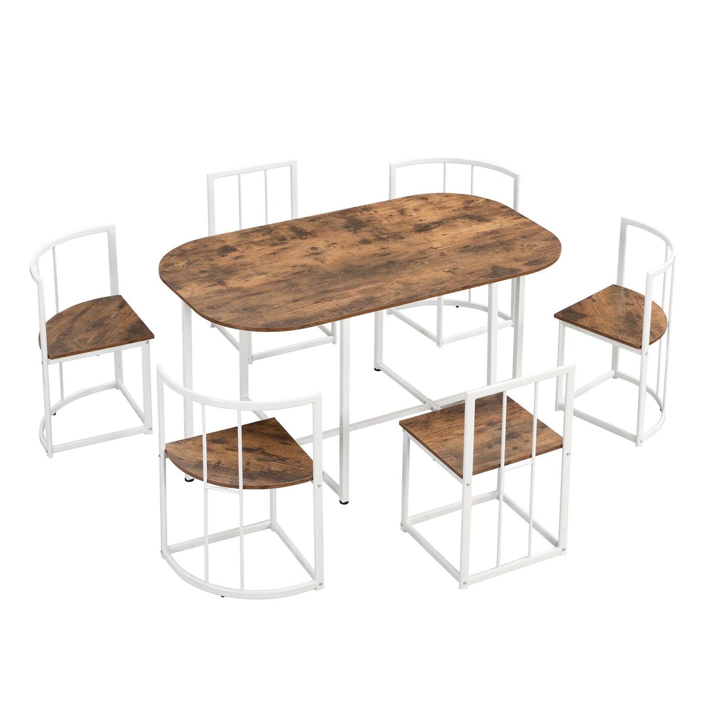 7-Piece Dining Table Set, Compact 55Inch Kitchen Table Set for 6, Dining Marble Table with 2 Middle Chairs and 4 Triangular Chairs for Dining Room, White+Cherry