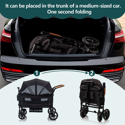 Wagon Stroller for 2 kids & Cargo-Travel Stroller Push-Pull Stroller Lightweight Folding Stroller for Newborn&Toddler with 5-Point Harness,Adjustable Handle Bar and Canopy,Tray Table,Cup Holder