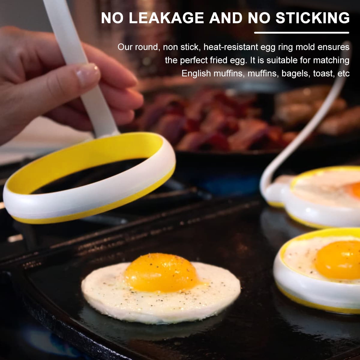 Ihvewuo 4PCS 4 Inch Silicone Fried Egg Rings Set with 5 Inch Handle Heat Resistant Egg Cooking Ring Round Non-Stick Pancake Mold Kitchen Breakfast Gadget for Making Sandwich Hamburger Cake Pizza