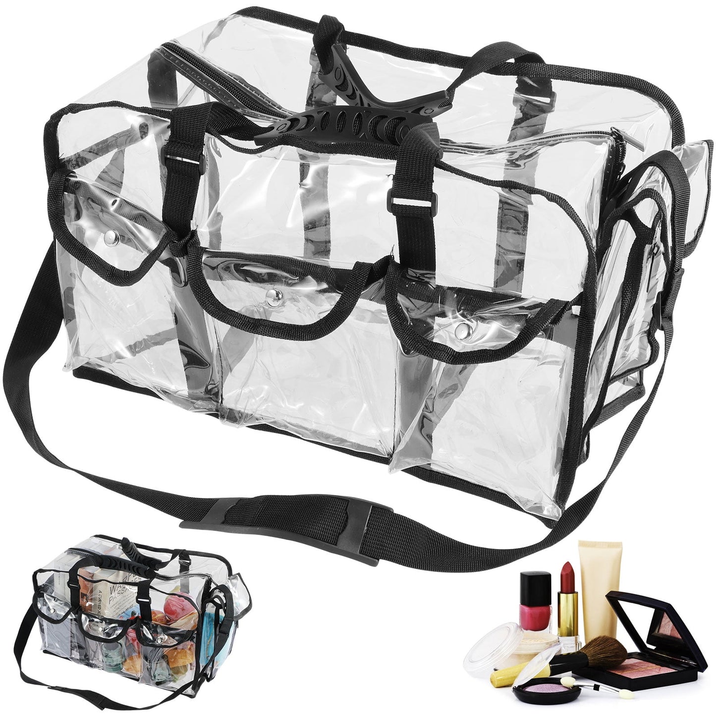 Txkrhwa Clear PVC Makeup Bag with 4 External Pockets, Wide Open Clear Makeup Organizer Bag, Zippered Clear Cosmetics Bag, Large Clear Makeup Tote Bag Toiletry Bags with Shoulder Strap