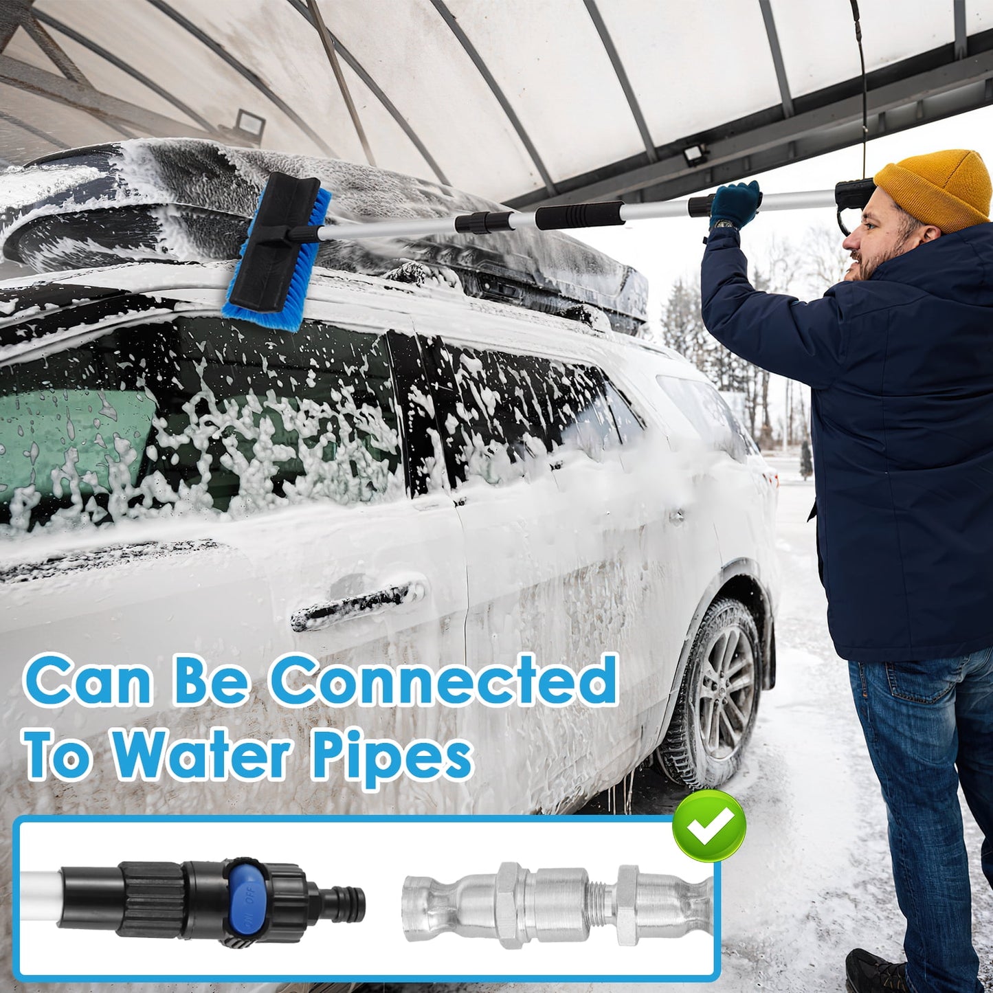 Car Wash Mop Brush 51.2 Inch Car Wash Mop with Adjustable Long Handle Soft Bristle Car Washing Brush with Pipe Quick Coupling Scratch-Free Car Detailing Mop Non Slip Car Wash Brush for Car Truck