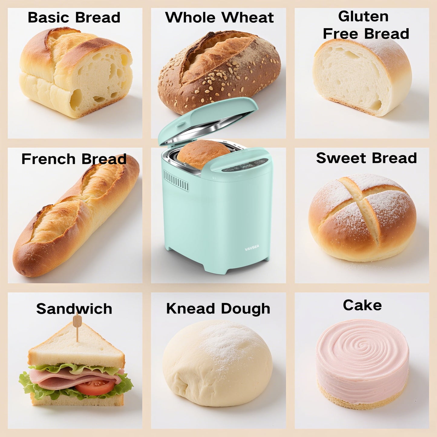 VAVSEA Bread Maker, 2LB Automatic Bread Machine with Gluten-Free, Dough, Cake Setting, Nonstick Ceramic Pan for Homemade Bread, Green