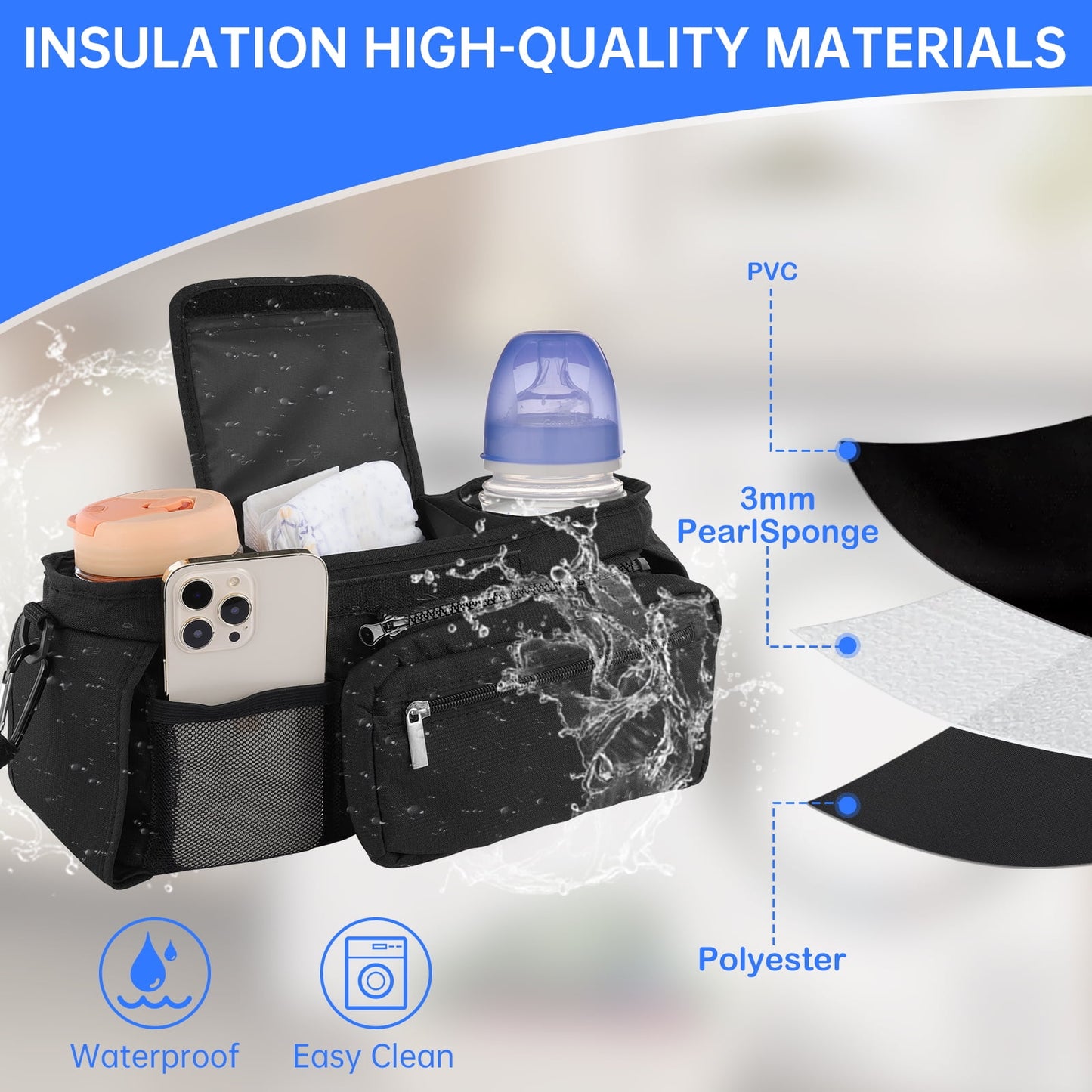 FVLOENG Stroller Organizer Insulated Cup Holder Detachable Phone Bag and Shoulder Strap Baby Jogger Caddy Accessories, Universal Fits for All Stroller