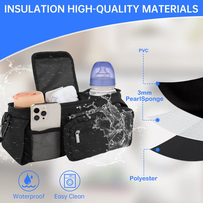 FVLOENG Stroller Organizer Insulated Cup Holder Detachable Phone Bag and Shoulder Strap Baby Jogger Caddy Accessories, Universal Fits for All Stroller