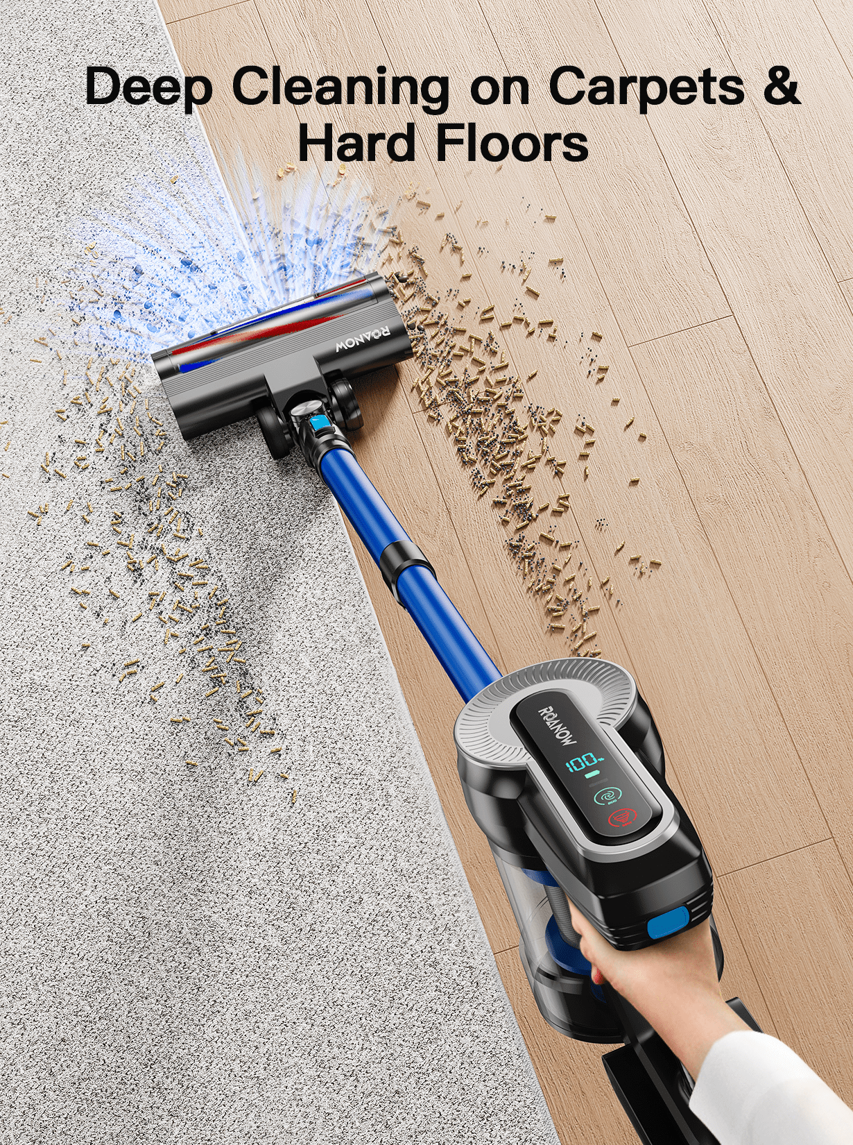Roanow Cordless Vacuum Cleaner, 38KPA/55Mins Lightweight Stick Vacuum for Hardwood Floor Carpet Pet