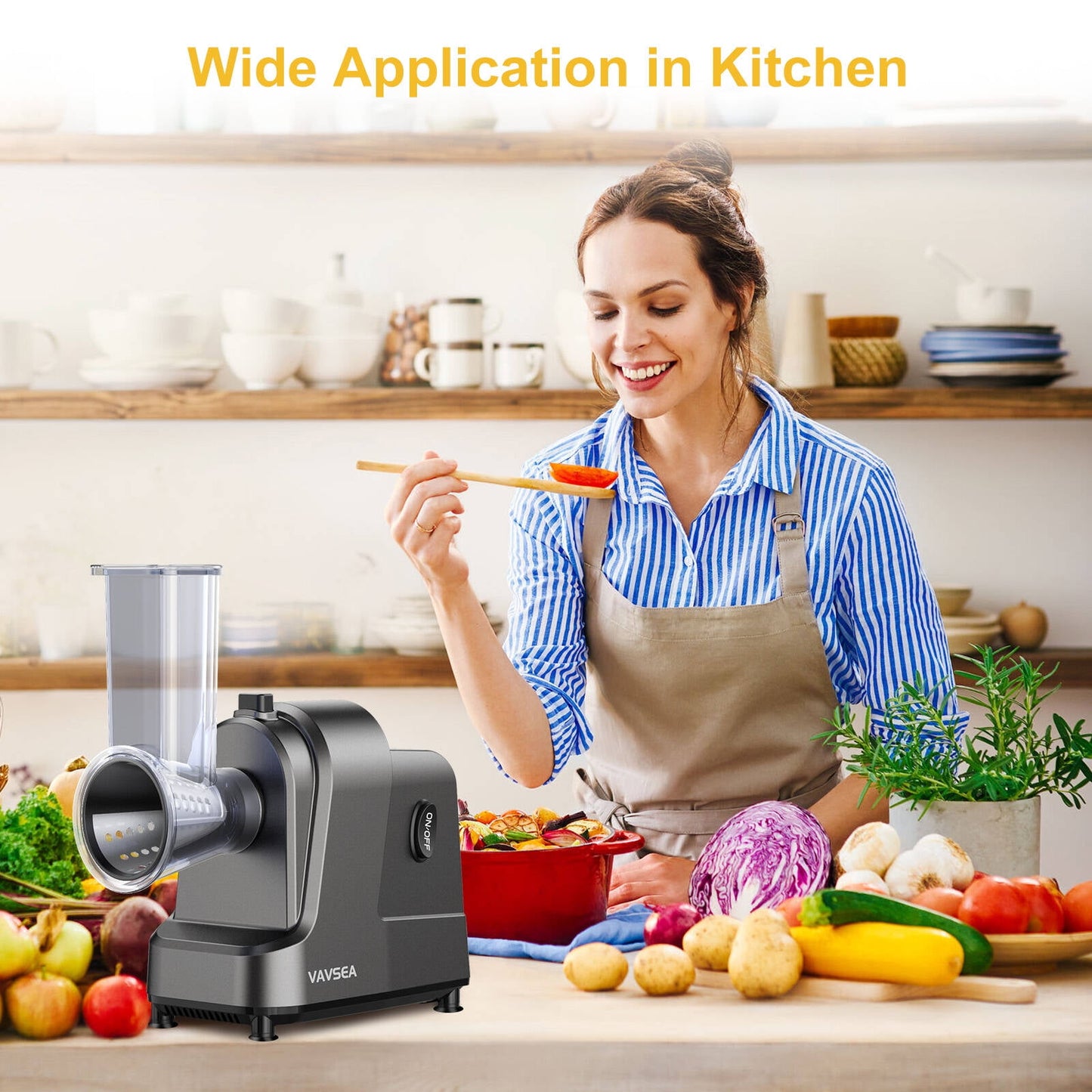 VAVSEA 5-in-1 Electric Cheese Grater, 400W Electric Cheese Shredder with 5 Stainless Blades, Salad Maker with One-Touch Control for Cheese, Vegetables and Fruits