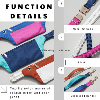 WOONONO Color-Blocking Hands Free Dog Leash with Pouch Fanny Pack and Leash Combo for Walking Dogs