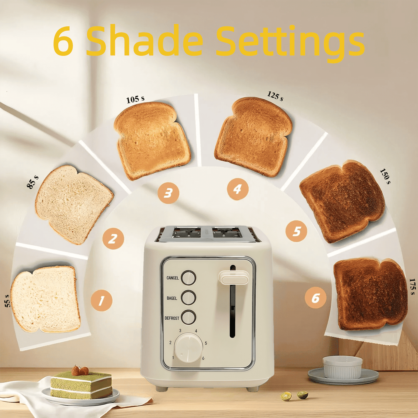 VAVSEA 2 Slice Toaster, 1000W Retro Wide Slot Toaster with 6 Shade Settings & LED Light for Bagels, Waffles, Toast, Bread, Removable Crumb Tray, Breakfast Helper, Beige