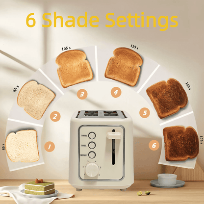 VAVSEA 2 Slice Toaster, 1000W Retro Wide Slot Toaster with 6 Shade Settings & LED Light for Bagels, Waffles, Toast, Bread, Removable Crumb Tray, Breakfast Helper, Beige