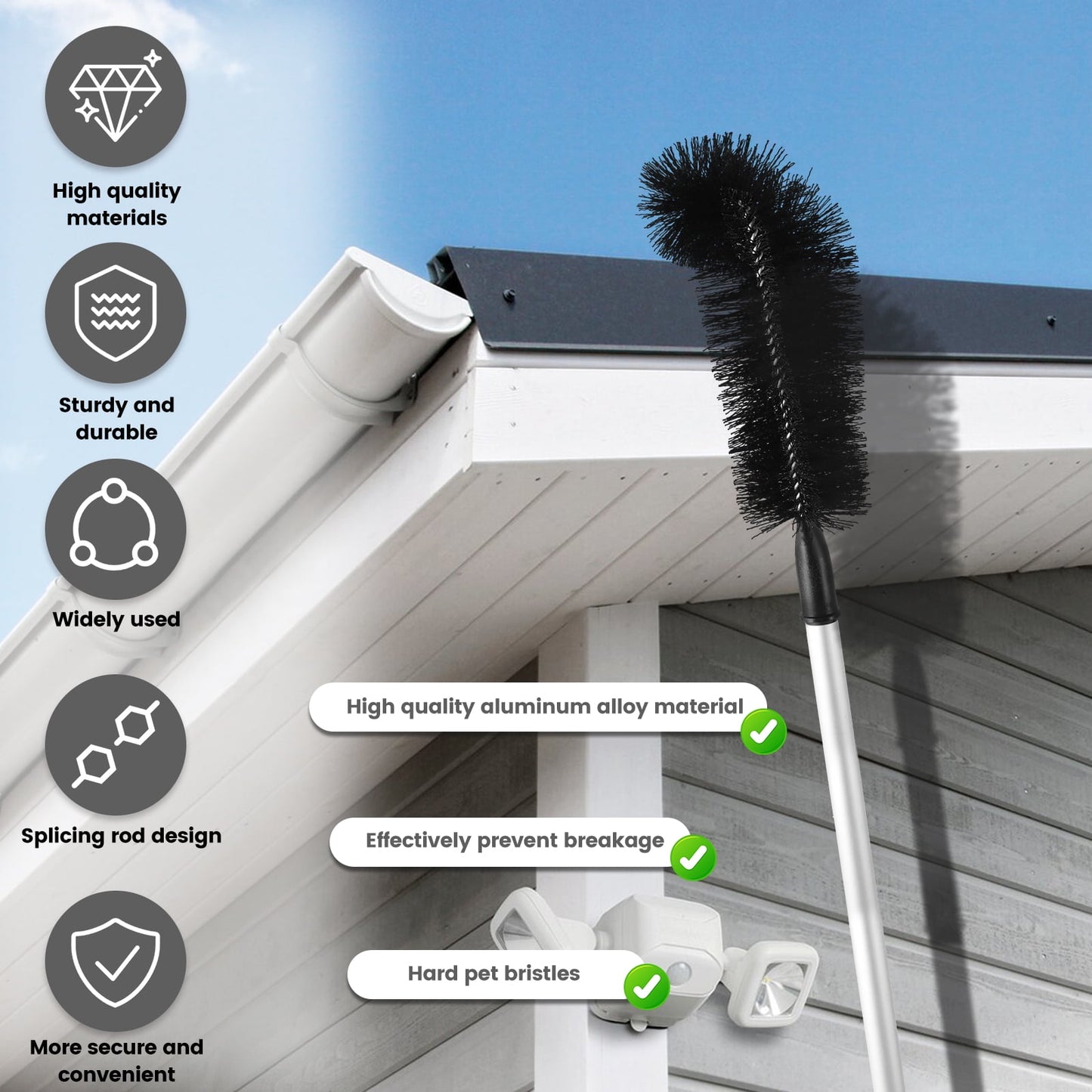 Txkrhwa Gutter Guard Cleaning Brush, Extendable Guard Cleaner Tool with 7 Splicing Aluminum Extension Poles, Long Splicing Gutter Cleaning Tools for Easy Removing Leaves and Debris Cleaner
