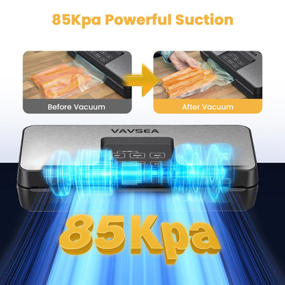 VAVSEA 85Kpa Vacuum Sealer Machine with Built-in Cutter, 8-in-1 Food Vacuum Sealer with Bag Roll Storage Space and 10 Bags & 1 Bag Roll for Sous Vide and Food Storage
