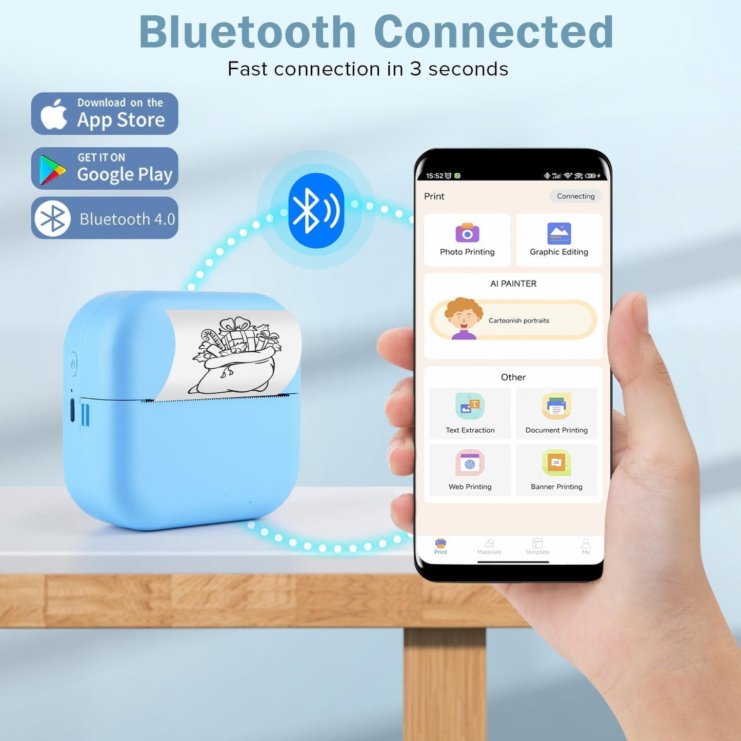 FETERVIC Mini Thermal Sticker Printer , Portable Bluetooth Inkless Phone Label Photo Printer,Compatible with iOS Android for Travel, School, DIY Cards, Gift, Study Notes, Journal