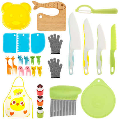 Wekvgz 27pcs Kids Cooking Set Safe Kids Kitchen Cutter Set Montessori Kids Cutting Set with Cutters Potato Chipper Peeler Cookie Cutter Mold Bear Sandwich Mould Chopping Bboard Gloves Apron Forks