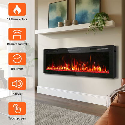 BREEZEHEAT 50 inch Electric Fireplace in-Wall Recessed and Wall Mounted Fireplace Heater,Linear Fireplace with Multicolor Flame,Timer,Low Noise,750/1500W,Remote Control