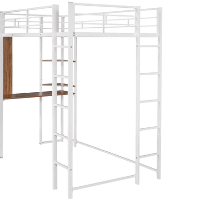 Twin Size Loft Bed, Metal Loft Bed with 2 Shelves and 1 Desk for Kids Teens Adults, Space-Saving Loft Bed Frame with 2 Built-in Ladders and Full-Length Guardrails, No Box Spring Needed, White