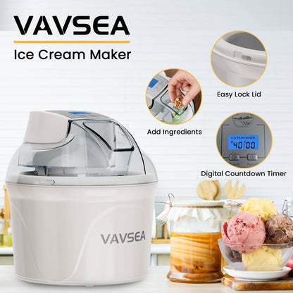 VAVSEA 1.5 Qt Ice Cream Maker with Scoop, Ice Cream Machine with LCD Digital Display & Timer, Double-Insulated Freezer Bowl, Sobert Maker for Gelato, Frozen Yogurt, Drinks, White