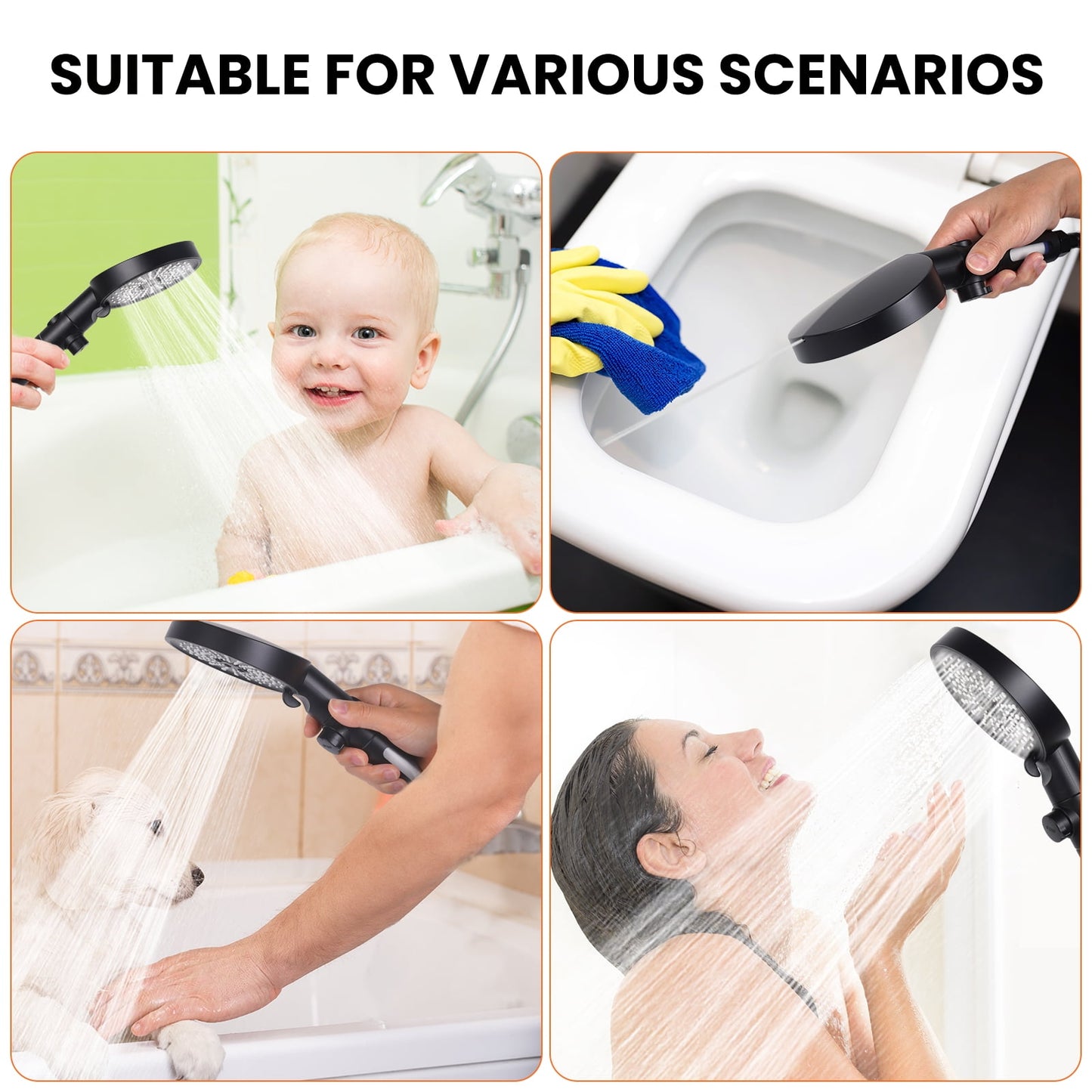 WYRAVIO Handheld Shower Head, High Pressure Shower Head with 6 Spray Settings, 59" Stainless Steel Hose and Adjustable Shower Stand, Shower Head with One Button Switch, Drill-Free Design, Black