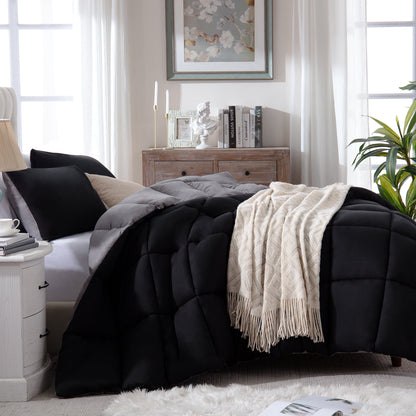 Thinway 2 Pieces Bed In a Bag Comforter Set Duvet Insert, Reversible, Black/Grey, Twin-200GSM, Thicker than the Cheap