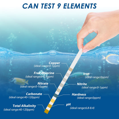 Hvxrjkn 100Pcs Aquarium Test Strips 9 in 1 Fish Tank Test Kit with Test Tube Fast Aquarium Water Testing Strips for Iron Copper Nitrate Nitrite Free Chlorine Hardness Carbonate pH