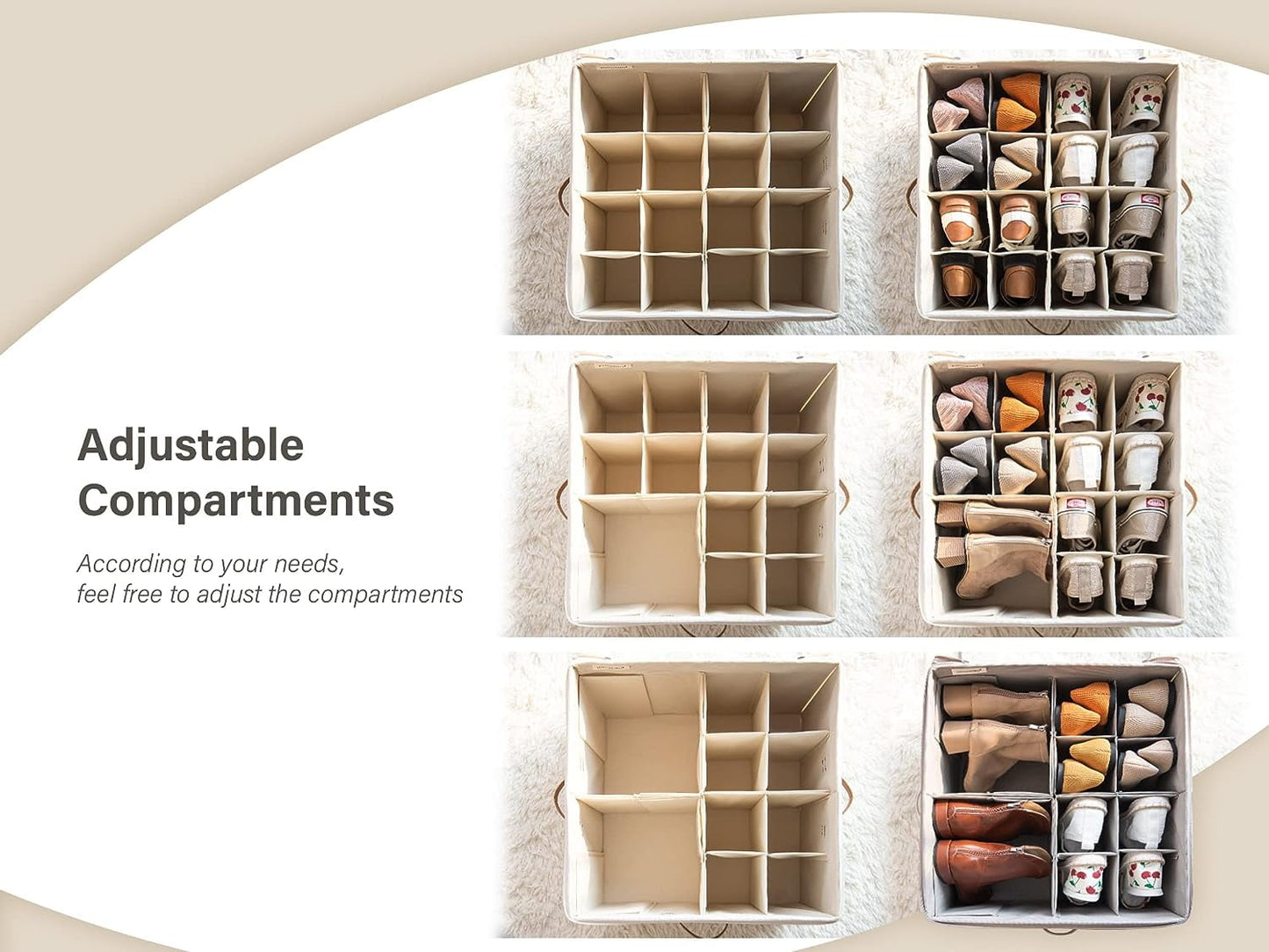 ACMETOP Shoe Organizer for Closet, Fabric Shoe Storage Bins with Clear Cover, Adjustable Dividers for Shoe Storage, Shoes Cube Organizer Fits up to 14-16 Pairs(Beige, 1-Pack)