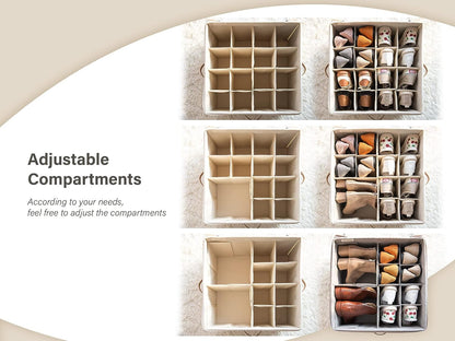 ACMETOP Shoe Organizer for Closet, Fabric Shoe Storage Bins with Clear Cover, Adjustable Dividers for Shoe Storage, Shoes Cube Organizer Fits up to 14-16 Pairs(Beige, 1-Pack)