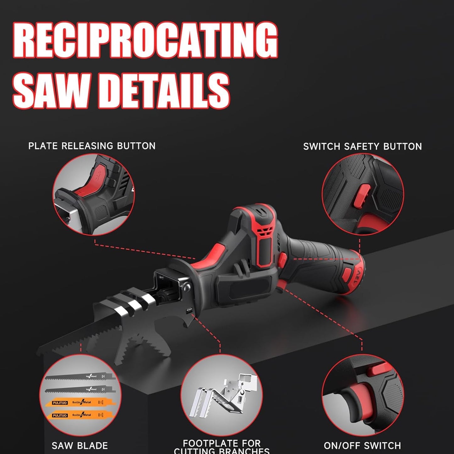 NEXPOW Reciprocating Saw, Cordless Variable Speed, Blade Kit, for Wood/Metal/PVC Cutting