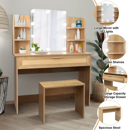 Vanity Table Set with Lighted Mirror, Vanity Desk Set Stool & Dressing Table with Drawer, Modern Wood Cosmetic Table Chest of Drawers Natural