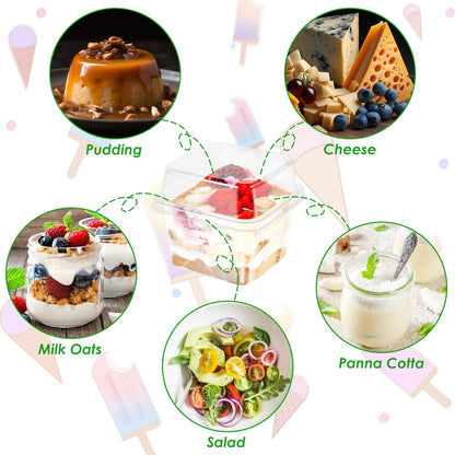 Austok 50Pcs Plastic Dessert Cups with Lids 8oz Reusable Cupcake Container Clear Square Single Dessert Box Sealed Cake Storage Box for Dessert Muffins Cupcake Pudding Mousse Party