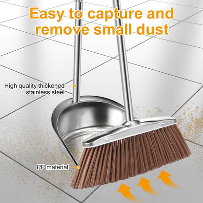 Broom and Dustpan Set with Long Handle Heavy Duty Stainless Steel Dustpan with Broom Space Saving Broom Dustpan Combo Sweeper and Dustpan Set with Broom Clip for Indoor Outdoor Kitchen Lobby