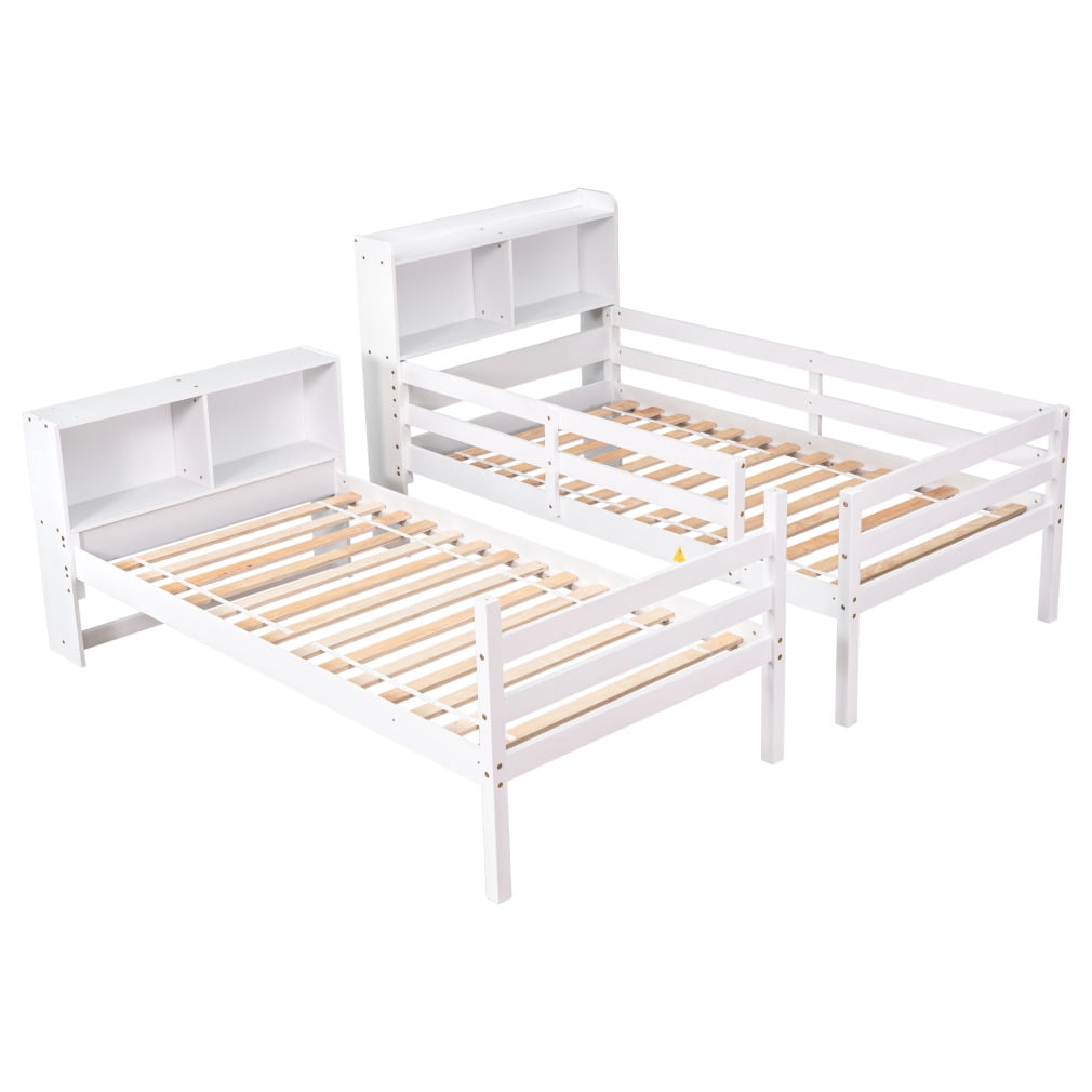 Twin Over Twin Bunk Beds with Bookcase Headboard, Solid Wood Bed Frame with Safety Rail and Ladder, Can Be converted into 2 Beds, for Kids/Teens Bedroom, Guest Room