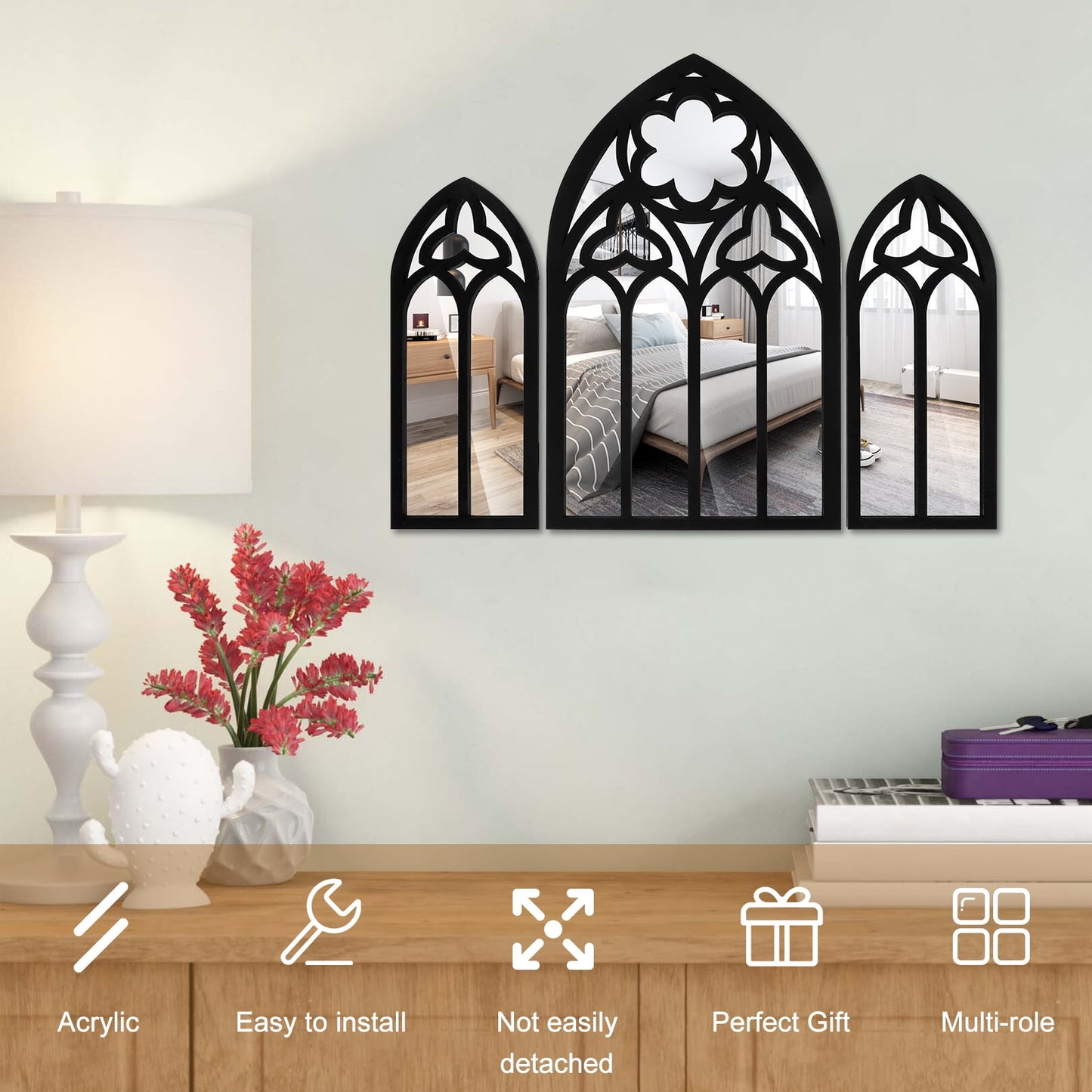 Qenwkxz 3PCS Wall Arch Mirrors Set Gothic Wall Mirror Decor Cathedral Arched Mirror Decor Decorative Arched Wall Mirror for Living Room Bedroom Entryway Bathroom Vanity