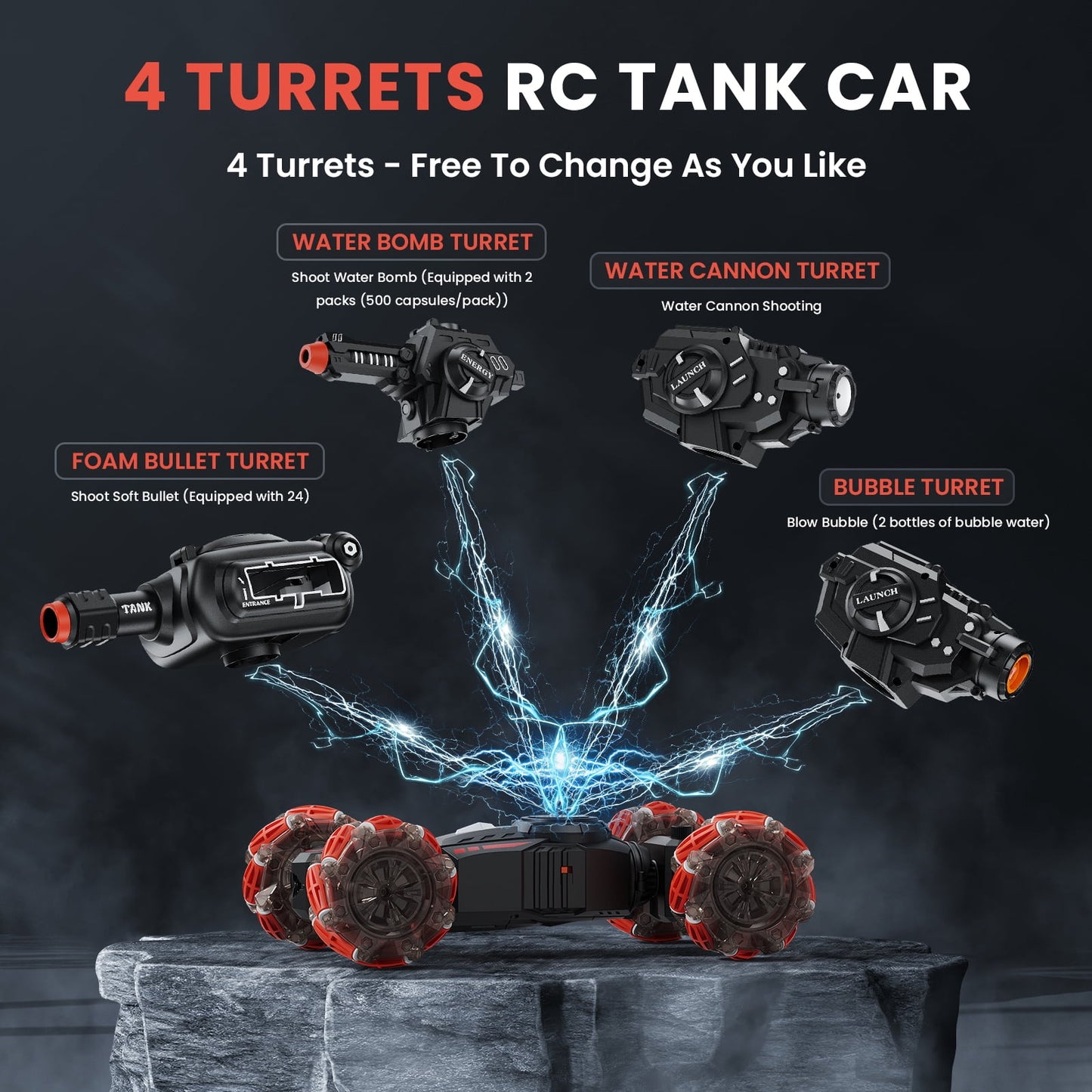 AUOSHI RC Tank Car 4 Heads That Shoot RC Car 1:14 4WD Battle Stunt Car with 360°Rotating with Light Music Soft Bullets Battle Tanks Toys for Boys and Girls