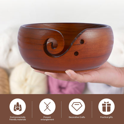 Toorise Wooden Yarn Bowl,Knitting Yarn Bowl with Holes,Pine Wood Crochet Bowl Holder,Weaving Thread Bowl to Prevent Slipping