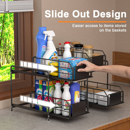 VAVSEA 2 Pack Metal Under Sink Organizers and Storage, 2 Tier Under Double Sliding Cabinet Organizer for Kitchen, Bathroom, Black