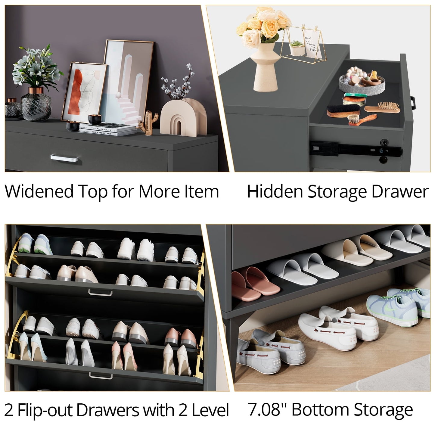 Shoe Cabinet with 2 Flip Drawers and Open Shelf,Free Standing Shoe Racks Storage Cabinet with Metal Legs,Shoe Organizer Entrance Shoe Storage Cabinet Narrow Closet for Entryway Hallway,Antique Gray