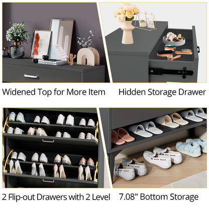 Shoe Cabinet with 2 Flip Drawers and Open Shelf,Free Standing Shoe Racks Storage Cabinet with Metal Legs,Shoe Organizer Entrance Shoe Storage Cabinet Narrow Closet for Entryway Hallway,Antique Gray